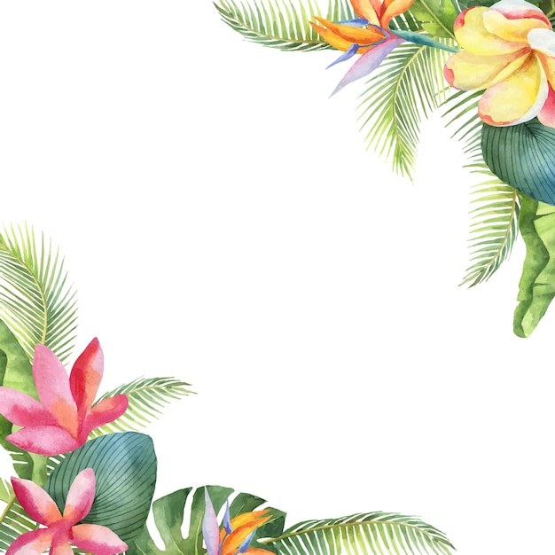 Carte vectorielle aquarelle avec des feuilles tropicales et des fleurs exotiques lumineuses isolées sur fond blanc