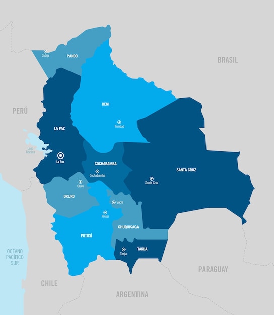 Vecteur carte vectorielle détaillée du pays de la bolivie avec des régions divisées par départements, provinces et capitales