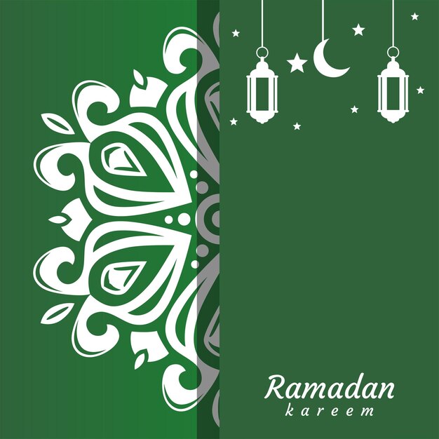 Une carte verte et blanche avec un ramadan kareem et un croissant de lune.