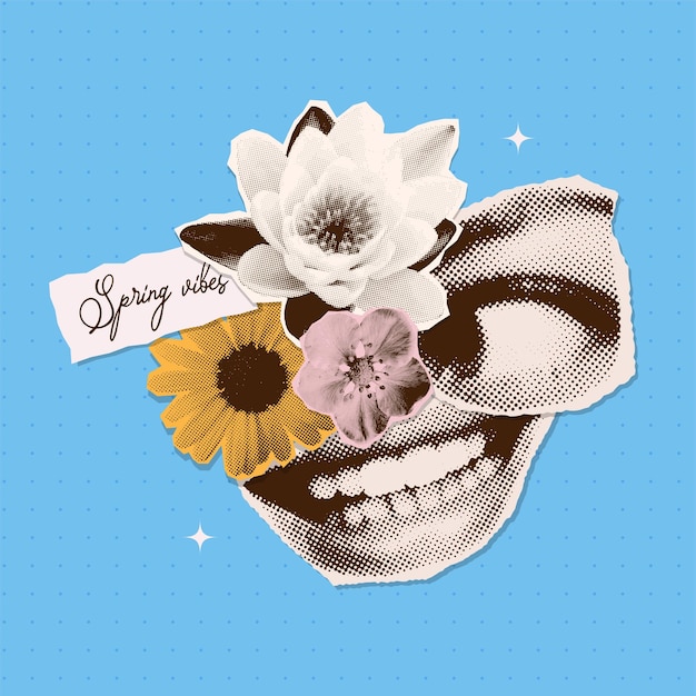 Vecteur carte de vibrations de printemps avec un sourire sur les lèvres féminines œil heureux et fleurs en art demi-ton collage bonne humeur