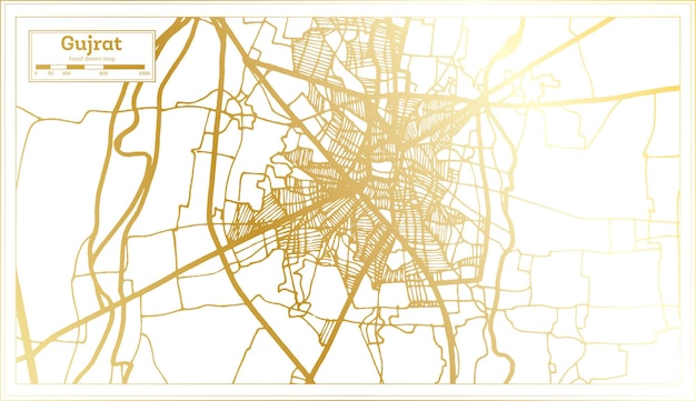 Carte de la ville de Gujrat Pakistan dans un style rétro en carte muette de couleur dorée