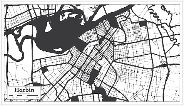Vecteur carte de la ville de harbin en chine en couleur noir et blanc dans une carte muette de style rétro