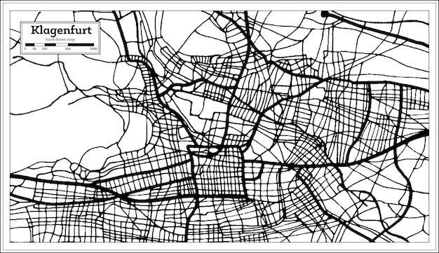 Carte de la ville de Klagenfurt en Autriche en couleur noir et blanc dans une carte muette de style rétro