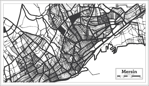 Carte De La Ville De Mersin Turquie En Couleur Noir Et Blanc Dans Un Plan De Contour De Style Rétro