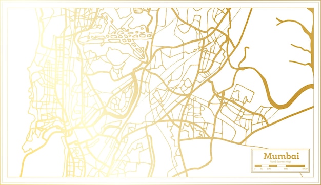 Vecteur carte de la ville de mumbai en inde dans un style rétro en carte muette de couleur dorée