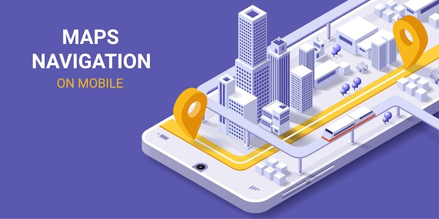 Carte de la ville navigation en ligne sur smartphone avec localisateur de points Plan isométrique de la ville avec route et bâtiments Carte du monde GPS Concept de ville intelligente isométrique Illustration vectorielle 3d