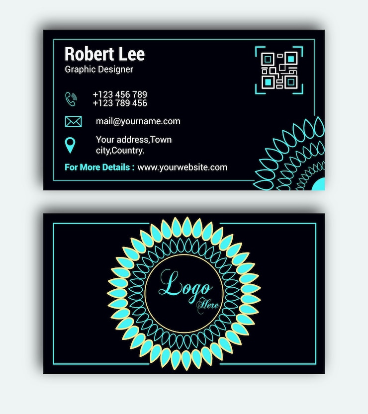 Vecteur carte de visite artistique professionnelle avec couleur noire et cyan.