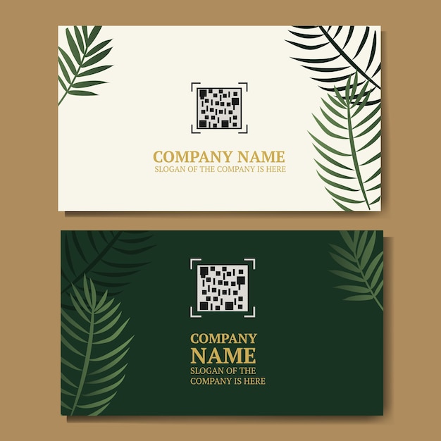 Vecteur carte de visite blanche et verte avec des feuilles de palmier vertes avec une place pour un code qr pour votre entreprise