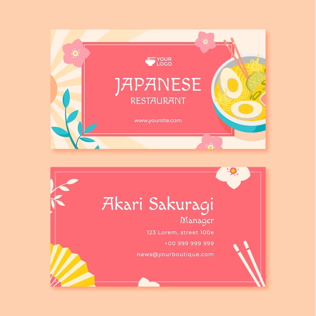 Vecteur carte de visite horizontale de restaurant japonais design plat