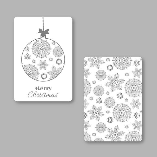 Carte de visite de Noël et du nouvel an avec boule de flocon de neige de Noël. Couleurs blanches et grises, style décoratif vintage. Illustration vectorielle.