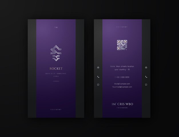 Carte De Visite Verticale Exclusive Pour Des Impressions Durables En Noir Et Violet Sur Fond Avec Code Qr