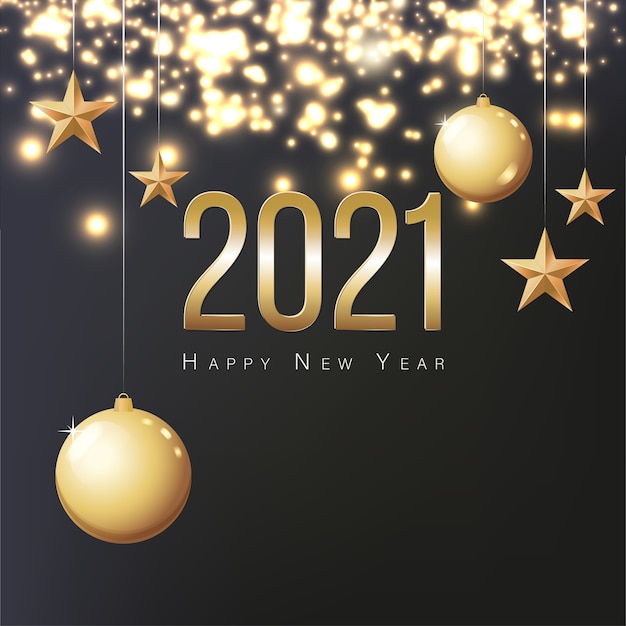 Carte de voeux 2021 bonne année. Illustration avec des boules de Noël or, des étoiles et de la place pour le texte. Flyer, affiche, invitation ou bannière pour la célébration du nouvel an 2021. Fond noir