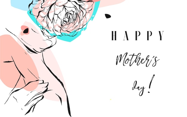 Carte De Voeux Abstraite De Vecteur Dessiné Main Avec Calligraphie Happy Mothers Day Et Figure De Femme Avec Des Fleurs Abstraites Dans Des Couleurs Pastel Isolés Sur Fond Blanc