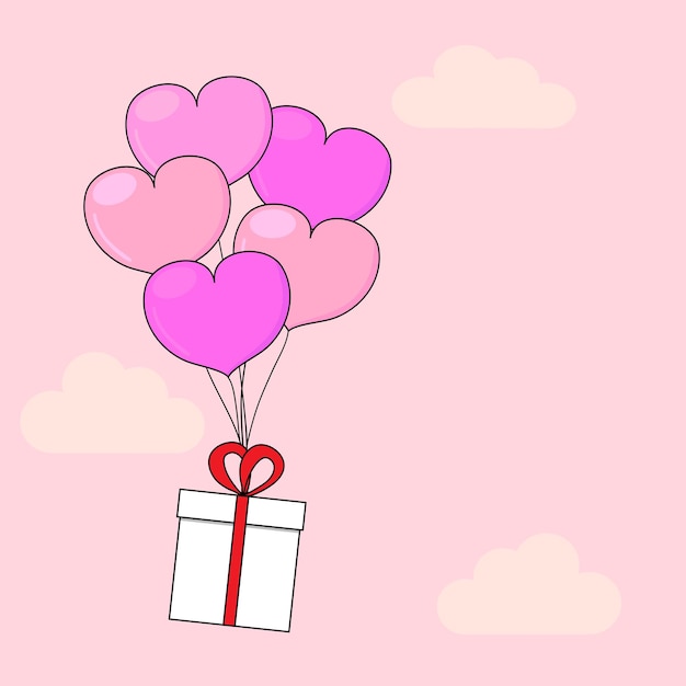 Carte De Voeux D'amour Et De La Saint-valentin Avec Bouquet De Ballons Coeur Avec Cadeau Dans Les Nuages Illustration Vectorielle