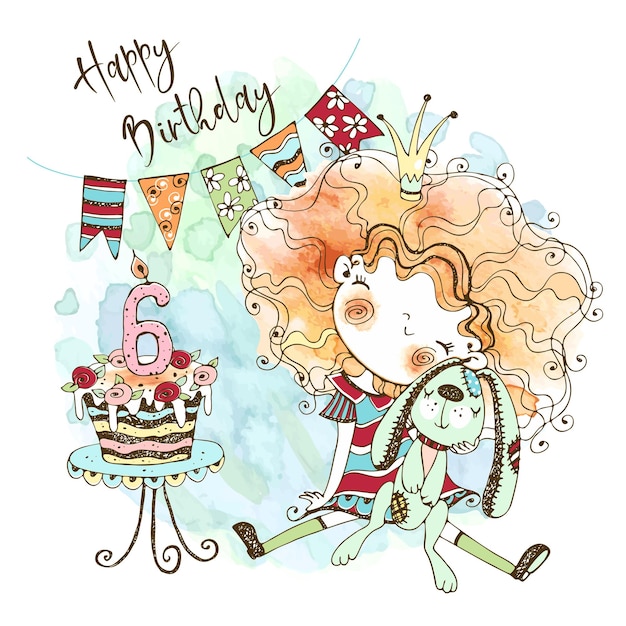 Vecteur carte de voeux d'anniversaire avec une jolie fille rousse avec un lapin pour son sixième anniversaire en technique d'aquarelle et en style doodle. vecteur.