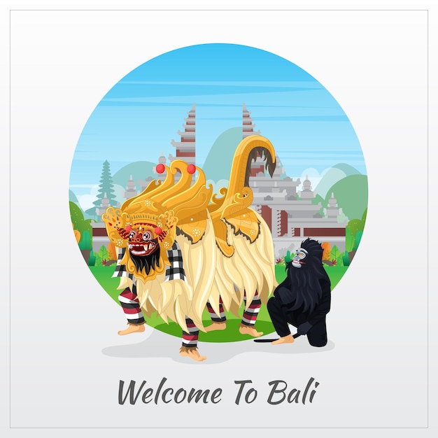 Vecteur carte de voeux de bienvenue à bali avec danse barong balinaise