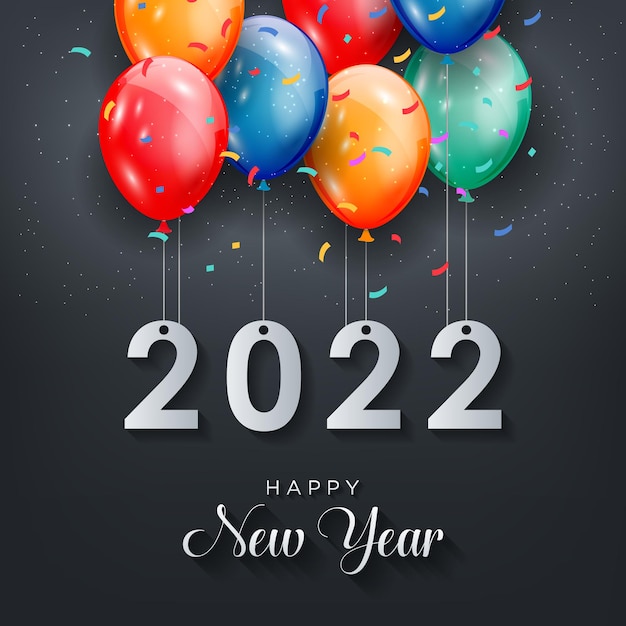 Vecteur carte de voeux de bonne année 2022 avec fond de célébration de ballons colorés réalistes