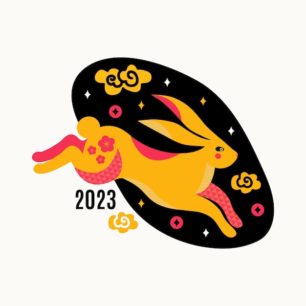 Vecteur carte de voeux de bonne année 2023 symbole du lapin du zodiaque chinois saut de lapin en cours d'exécution festival de la mi-automne ou nouvel an lunaire chinois lune lièvre sur ciel étoilé illustrations vectorielles plates colorées