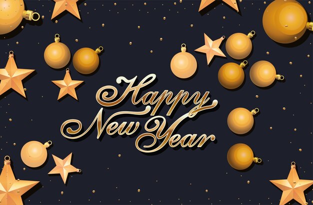 Carte de voeux de bonne année avec lettrage or brillant sur fond noir