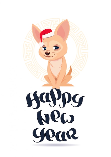 Carte De Voeux De Bonne Année Avec Mignon Chien Chihuahua En Bonnet De Noel