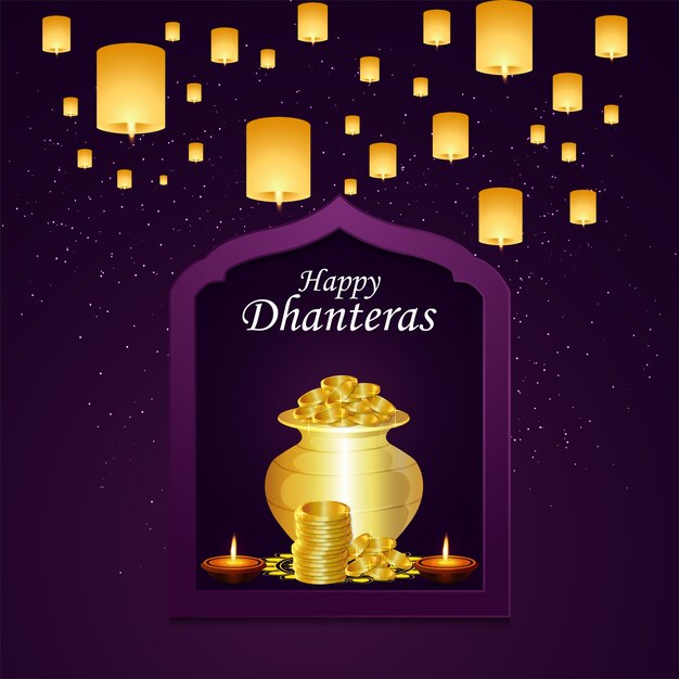 Carte De Voeux De Célébration De Dhanteras Heureux Sur Fond Violet