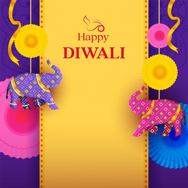 Carte De Voeux De Célébration De Diwali Décorée De Fleurs En Papier De Jouets D'éléphant Sur Fond Violet Et Jaune
