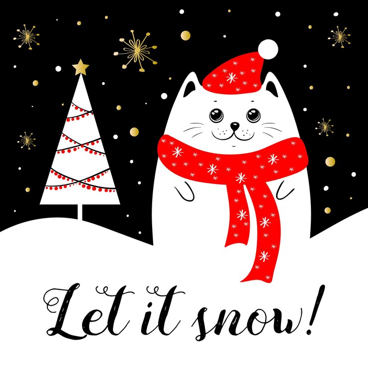 Vecteur carte de voeux de chat de noël, laissez-le neiger.