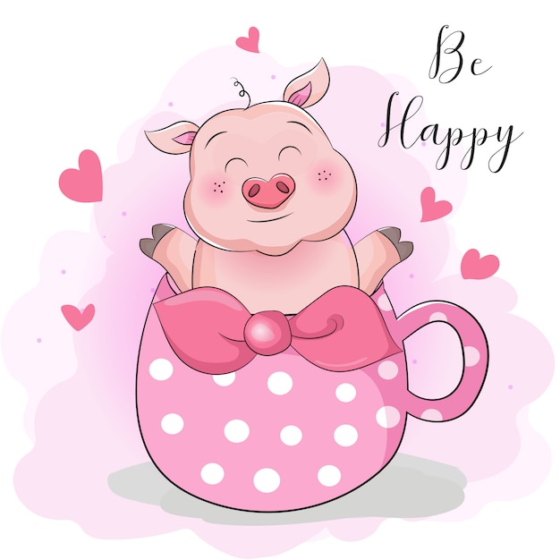 Carte De Voeux Cochon Dessin Animé Mignon Avec Une Tasse De Thé Surprise