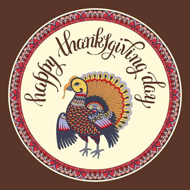 Carte De Voeux Décorative Happy Thanksgiving Day Avec Dinde Et Inscription Manuscrite Sur Cadre Circulaire à La Conception De Vacances, Illustration Vectorielle Typographique