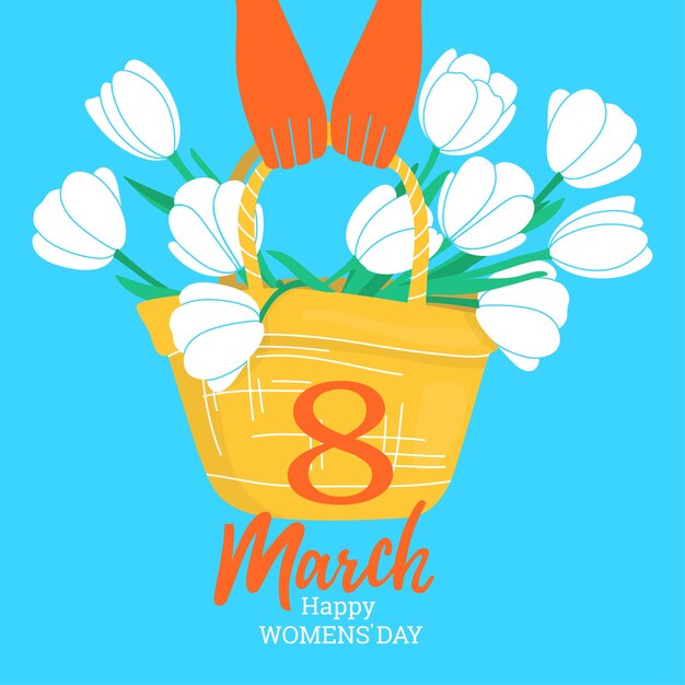 Carte De Voeux Dessinée à La Main Pour La Journée Des Femmes Avec Des Tulipes Blanches Dans Un Sac En Osier