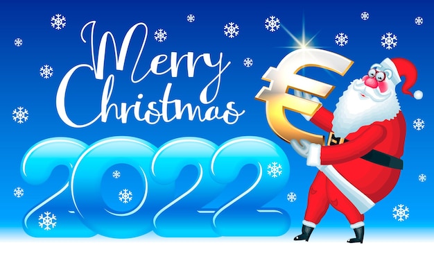 Carte De Voeux Drôle De Vecteur Joyeux Noël 2022 Père Noël Tenant Golden Euro