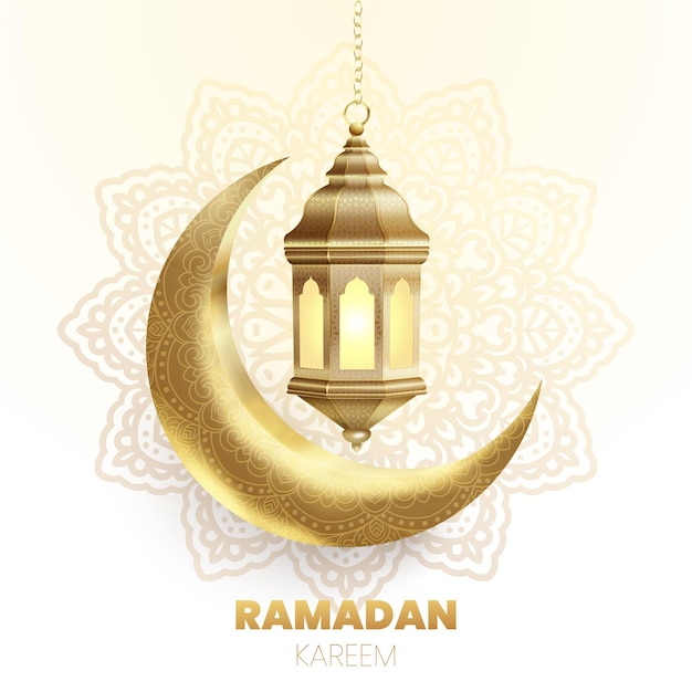 Carte de vœux du Ramadan Kareem avec une lanterne dorée et un croissant de lune