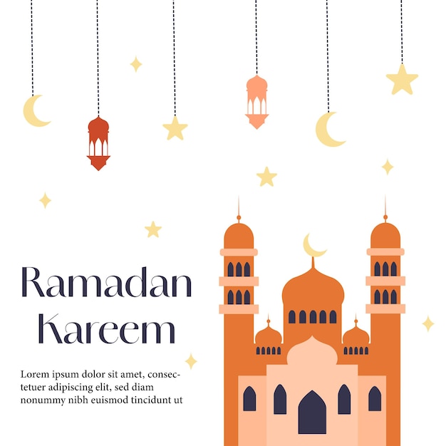 Carte de vœux du Ramadan Kareem modèle de bannière de religion islamique avec dôme de mosquée étoiles suspendues lune