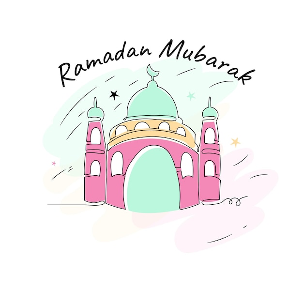 Vecteur carte de vœux du ramadan de la mosquée avec des lignes continues dessinées à la main collections de design islamique