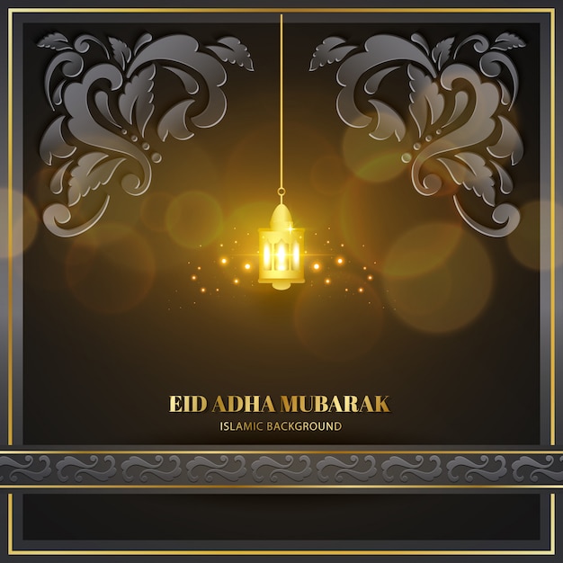 Carte De Voeux Eid Adha Mubarak Or Noir Avec Lampe Et Texture Motif Floral Design Islamique