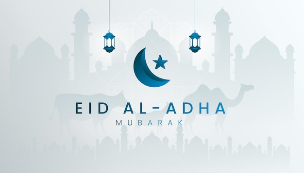 Carte De Voeux Eid Al Adha Avec Un Thème De Couleur Bleu Et Blanc Dégradé.