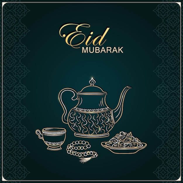 Carte de vœux d'Eid Mubarak avec une bouilloire arabe dessinée à la main, une tasse de thé, un chapelet musulman, des perles de prière et des dattes