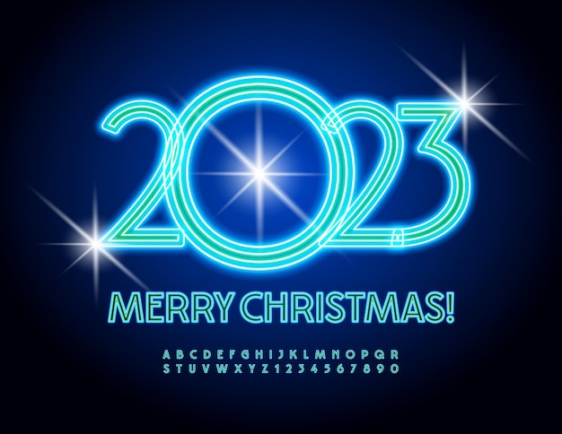 Carte de voeux électrique vectorielle Joyeux Noël 2023 ! Police de lumière rougeoyante. Lettres de l'alphabet néon bleu