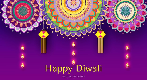 Carte de vœux de la fête de Diwali avec un magnifique rangoli et un fond de diya vectoriel