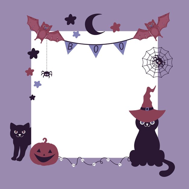 Carte de voeux d'Halloween avec citrouille d'araignées de chauves-souris de chats noirs et espace vide carré