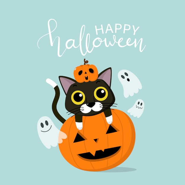 Carte De Voeux Happy Halloween Avec Mignon Chat Noir, Citrouille Effrayante