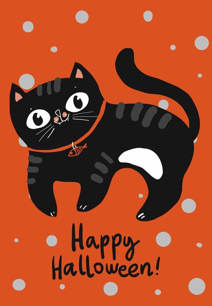 Carte De Voeux Happy Halloween Avec Personnage De Chat Noir Et Citrouille, Illustrations Vectorielles