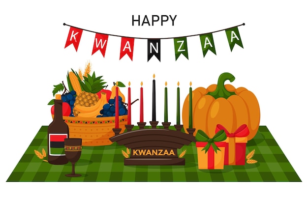 Vecteur carte de voeux happy kwanzaa une composition avec une serviette à carreaux une citrouille cadeaux kinara et une corbeille de fruits illustration vectorielle de dessin animé sur fond blanc