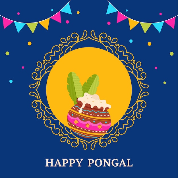 Carte De Voeux Happy Pongal Celebration Avec Plat Traditionnel Dans Un Pot En Argile Feuilles De Bananier Drapeaux De Banderoles Décorés Sur Fond Orange Et Bleu