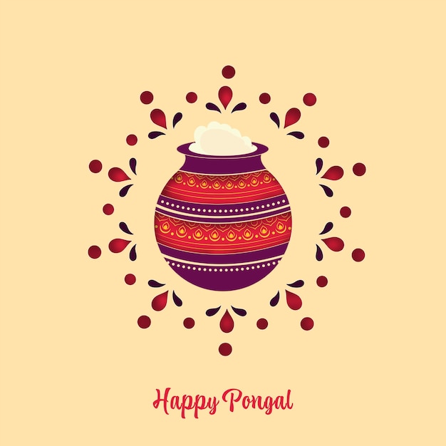 Carte de voeux Happy Pongal Celebration avec plat traditionnel en pot de boue sur fond de pêche jaune