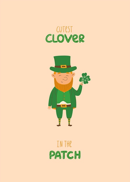 Carte de voeux Happy St Patricks Day avec lutin mignon avec trèfle Illustration vectorielle design plat Trèfle le plus mignon dans la citation de patch