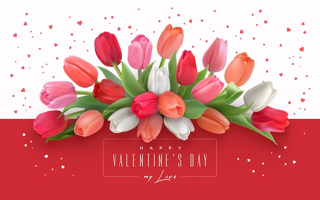 Carte de voeux Happy Valentines Day avec bouquet de tulipes délicates sur fond de coeurs rouges