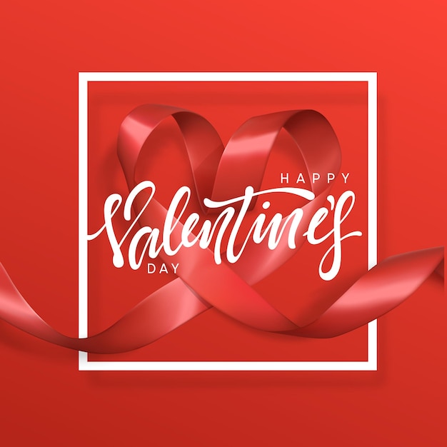 Carte de voeux Happy Valentines Day lettrage sur fond de coeur de ruban rouge. Bannière et affiche festives.