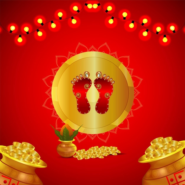 Vecteur carte de voeux heureuse d'invitation de dhanteras avec le pot de pièce d'or