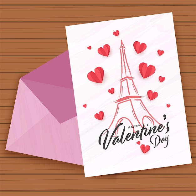 Carte De Voeux Joyeuse Saint-valentin Avec Enveloppe Sur Fond En Bois Marron.